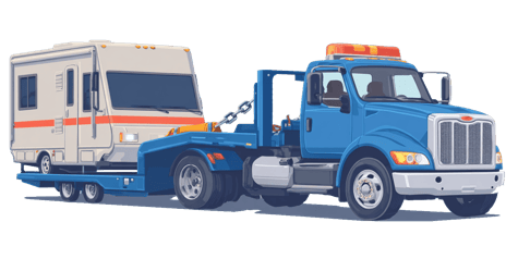 Blue tow truck transporting a white and orange RV or motorhome