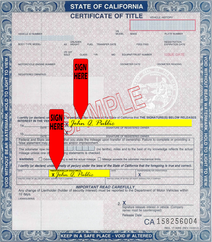 Title transfer instructions for California — highlighted area shows where to sign