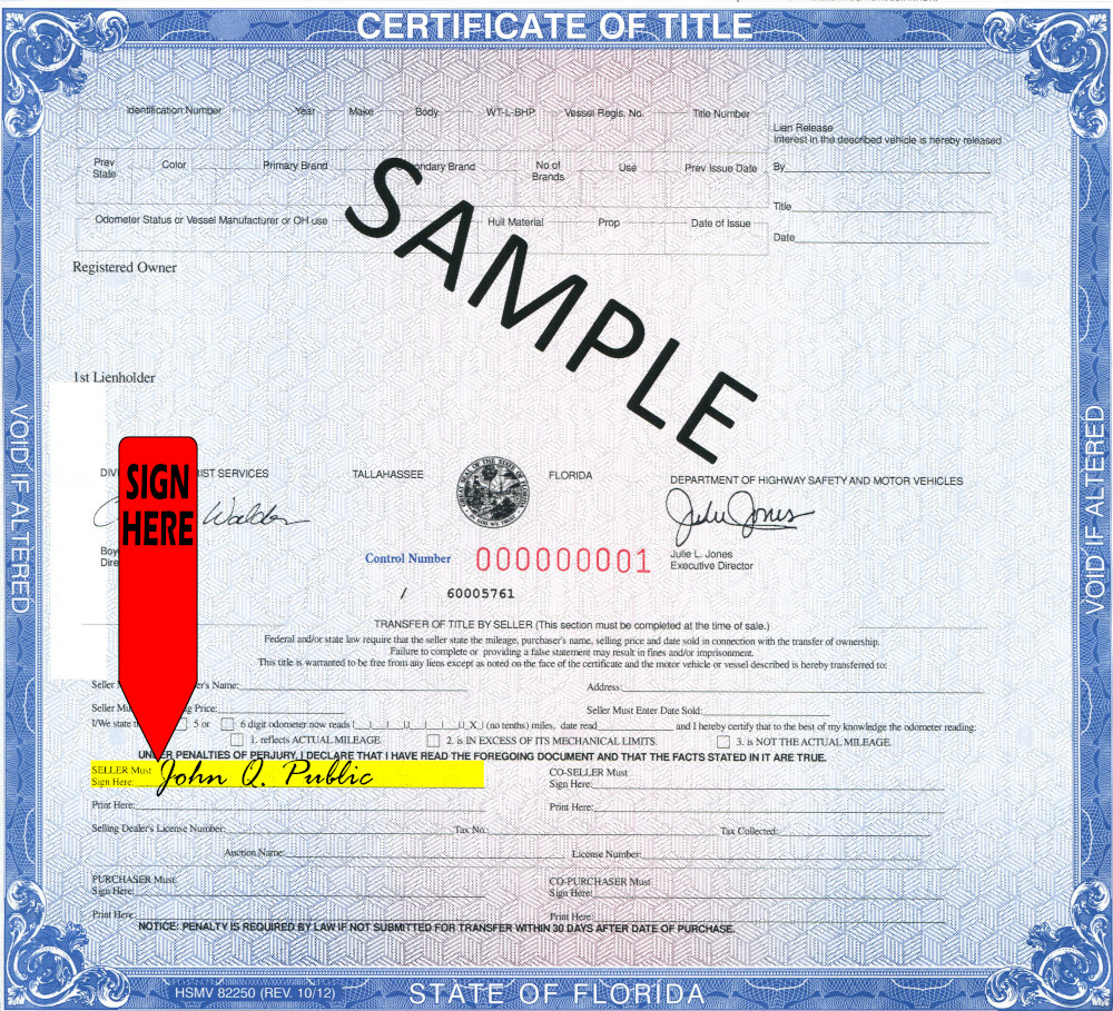 Title transfer instructions for Florida — highlighted area shows where to sign