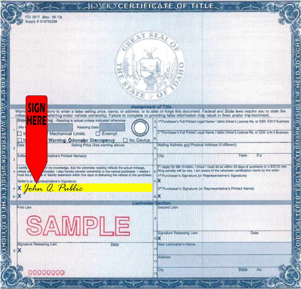 Title transfer instructions for Idaho — highlighted area shows where to sign