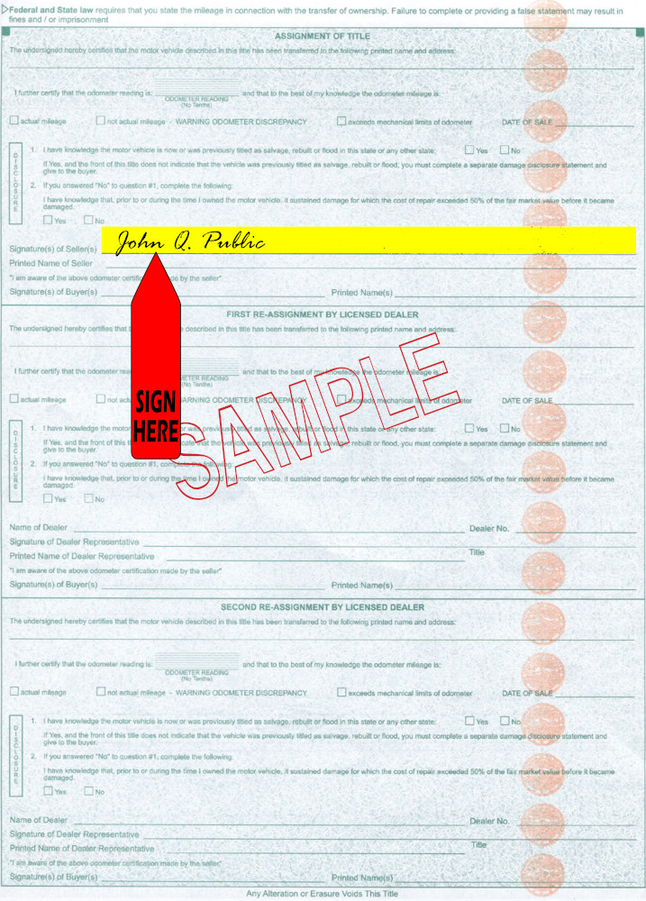 Title transfer instructions for Iowa — highlighted area shows where to sign