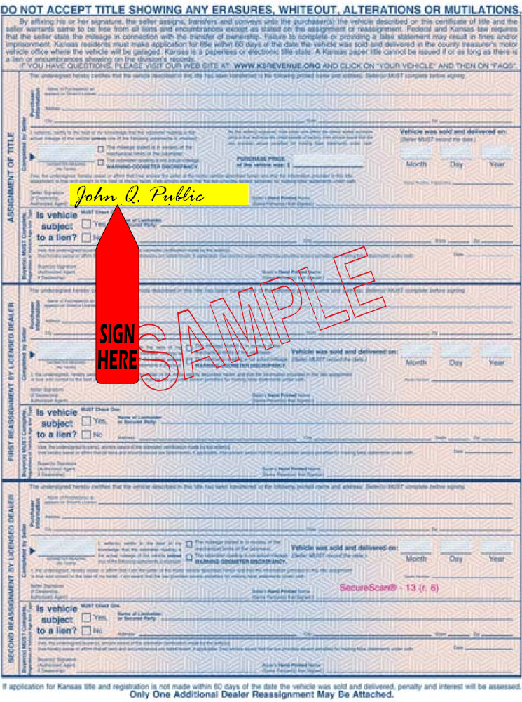 Title transfer instructions for Kansas — highlighted area shows where to sign