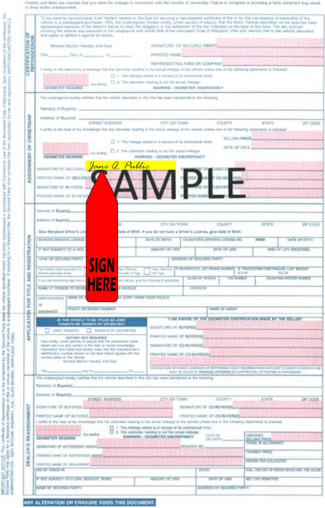 Title transfer instructions for Maryland — highlighted area shows where to sign