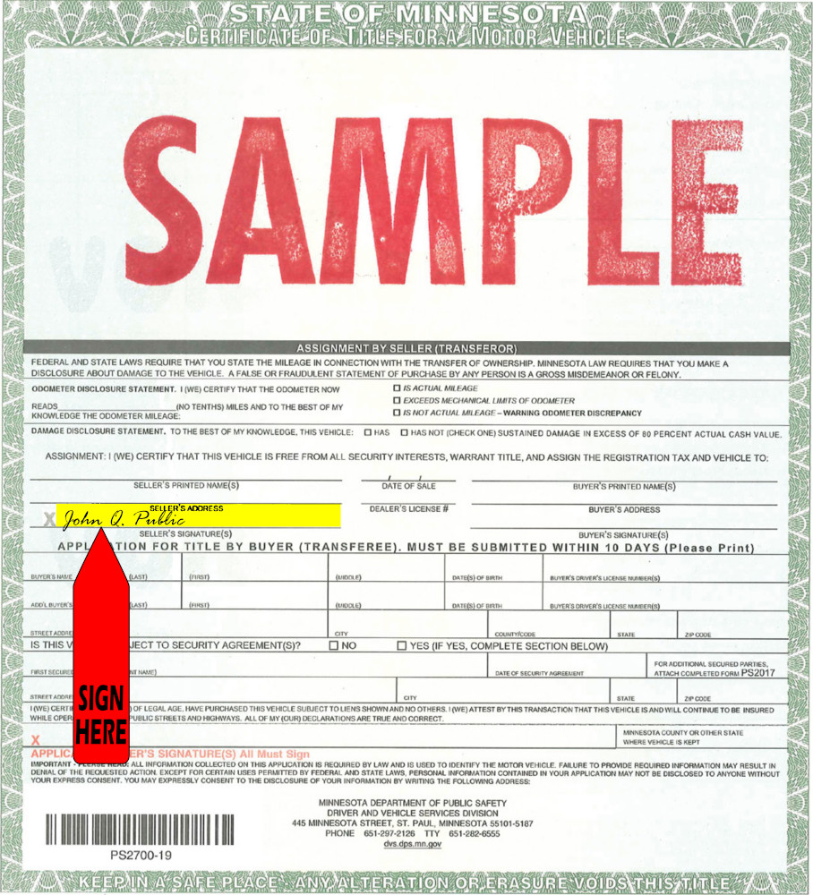 Title transfer instructions for Minnesota — highlighted area shows where to sign