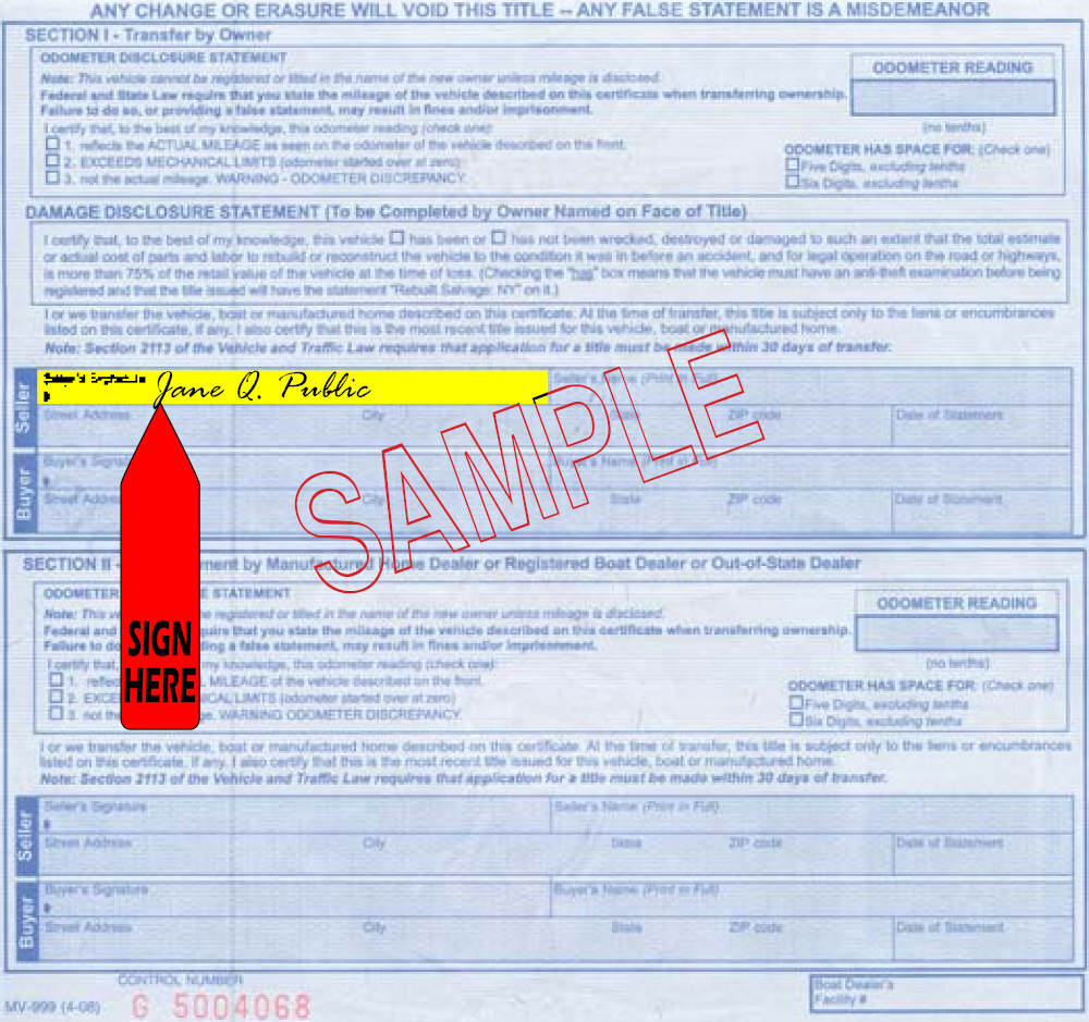 Title transfer instructions for New York — highlighted area shows where to sign