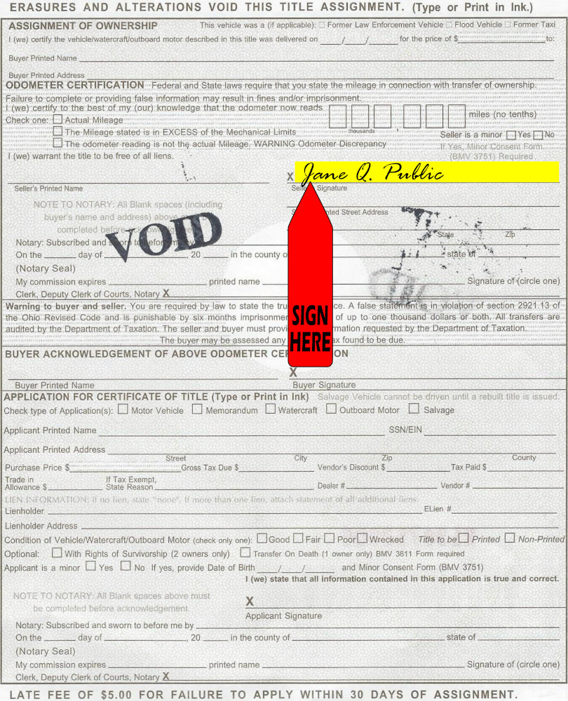 Title transfer instructions for Ohio — highlighted area shows where to sign