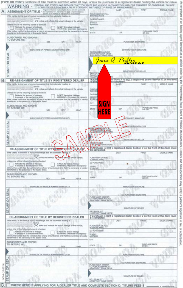 Title transfer instructions for Pennsylvania — highlighted area shows where to sign