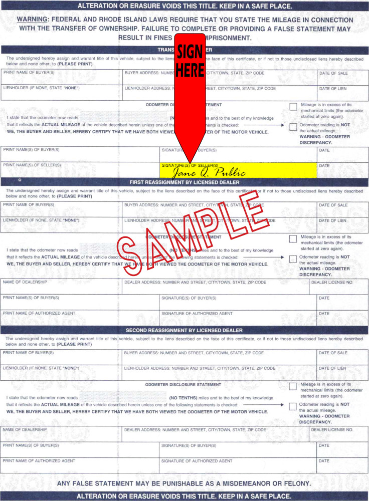 Title transfer instructions for Rhode Island — highlighted area shows where to sign