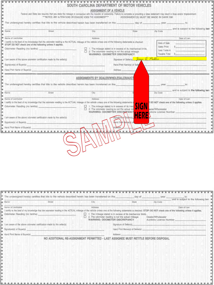 Title transfer instructions for South Carolina — highlighted area shows where to sign