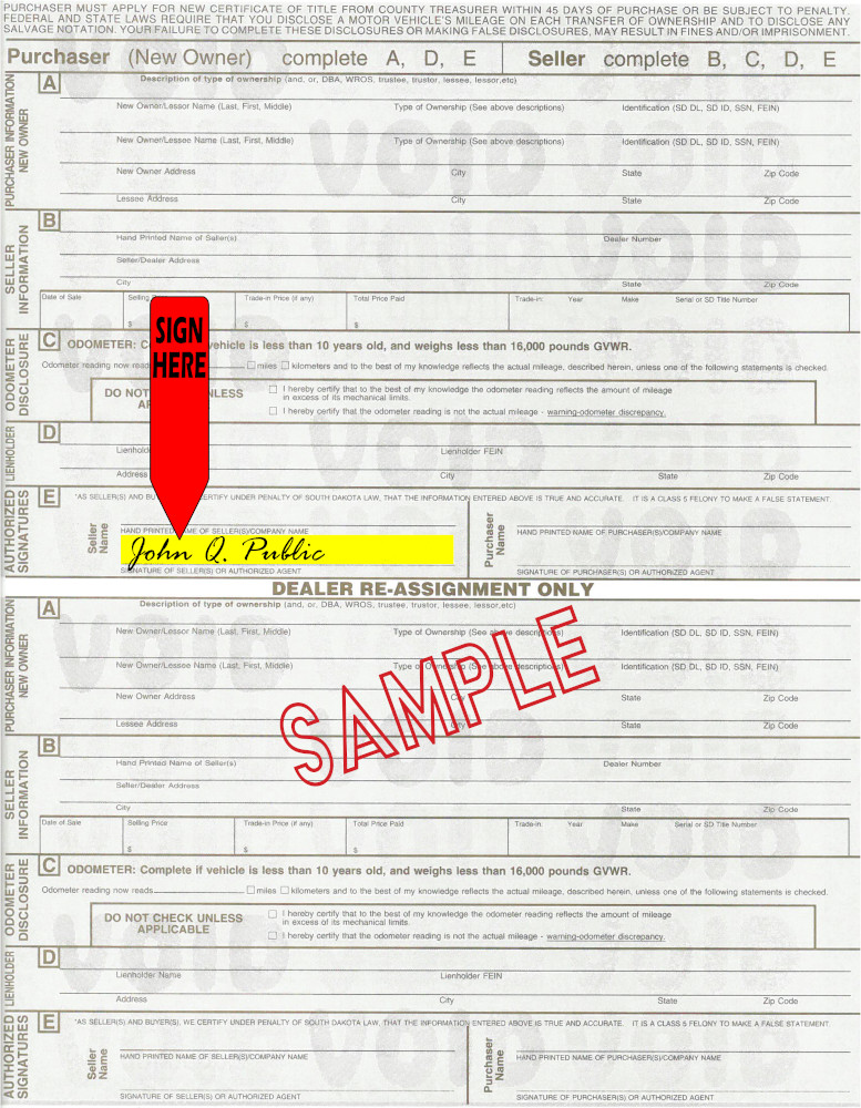 Title transfer instructions for South Dakota — highlighted area shows where to sign