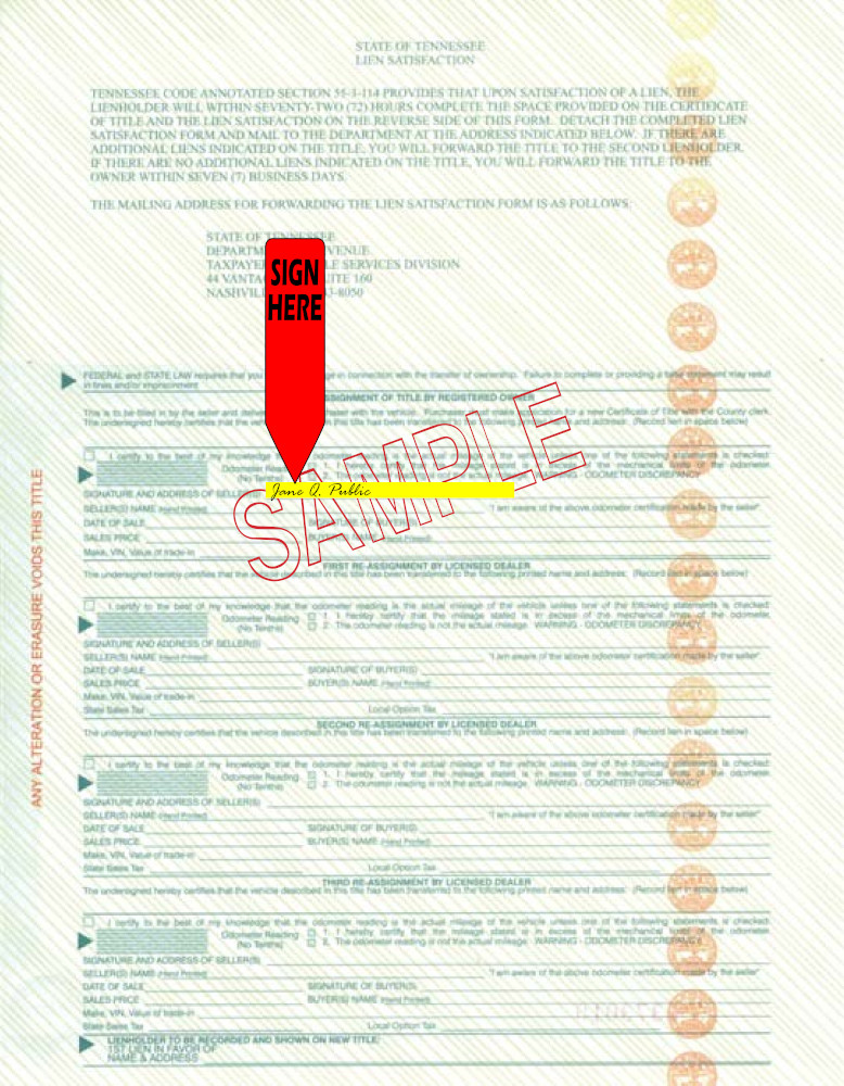 Title transfer instructions for Tennessee — highlighted area shows where to sign