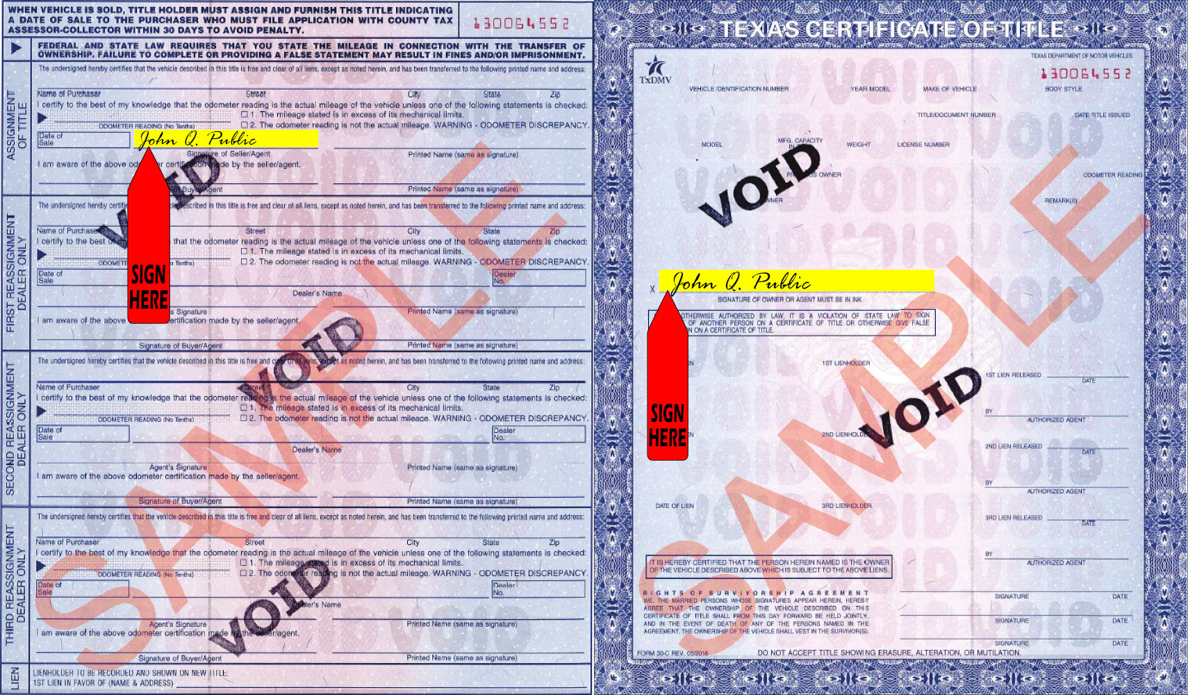 Title transfer instructions for Texas — highlighted area shows where to sign