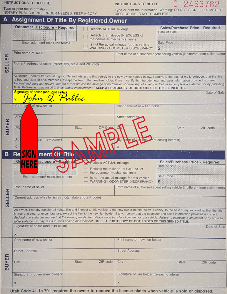 Title transfer instructions for Utah — highlighted area shows where to sign