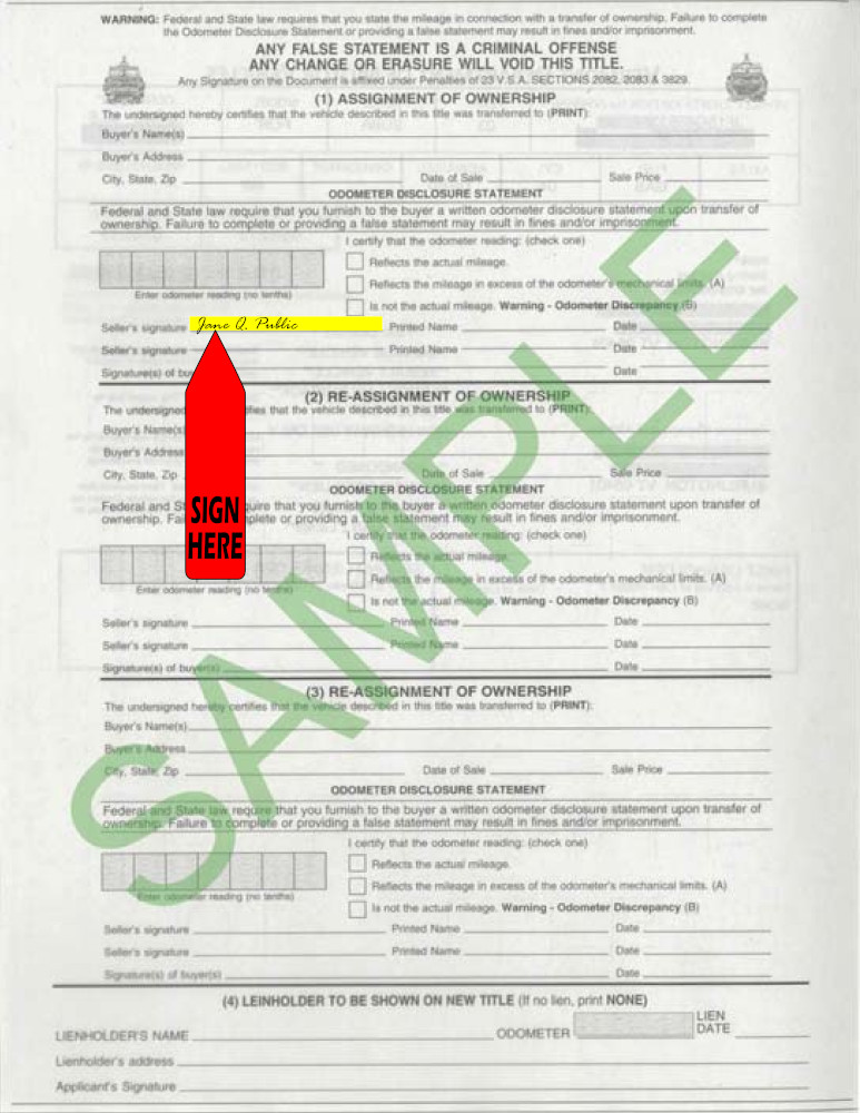 Title transfer instructions for Vermont — highlighted area shows where to sign