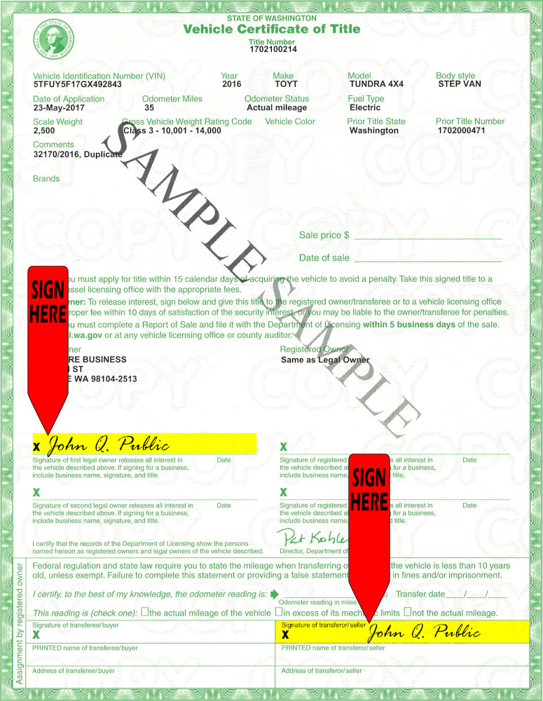 Title transfer instructions for Washington — highlighted area shows where to sign