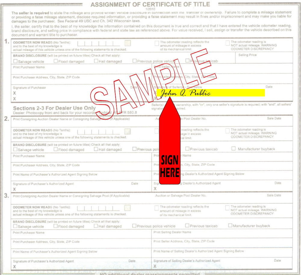 Title transfer instructions for Wisconsin — highlighted area shows where to sign