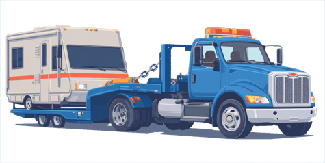 Blue tow truck transporting a white and orange RV or motorhome